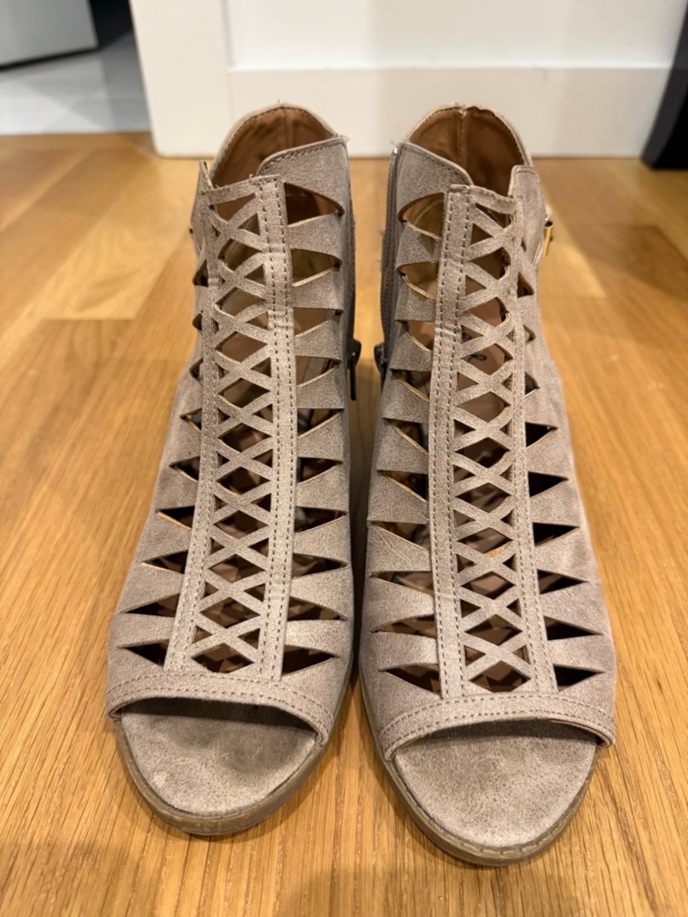 Qupid Taupe Cutout Peep-Toe Ankle Heels - Neutral Suede